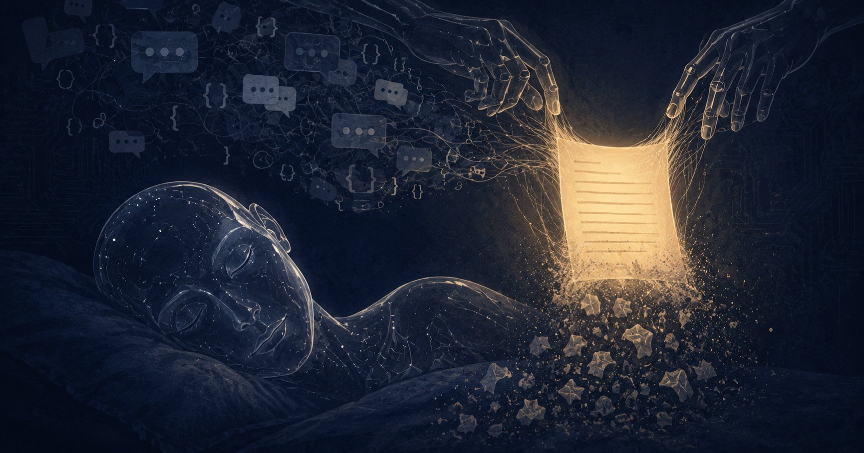 A sleeping glass AI figure dreams tangled chat fragments into a single clean glowing document, while old memory scraps dissolve away.