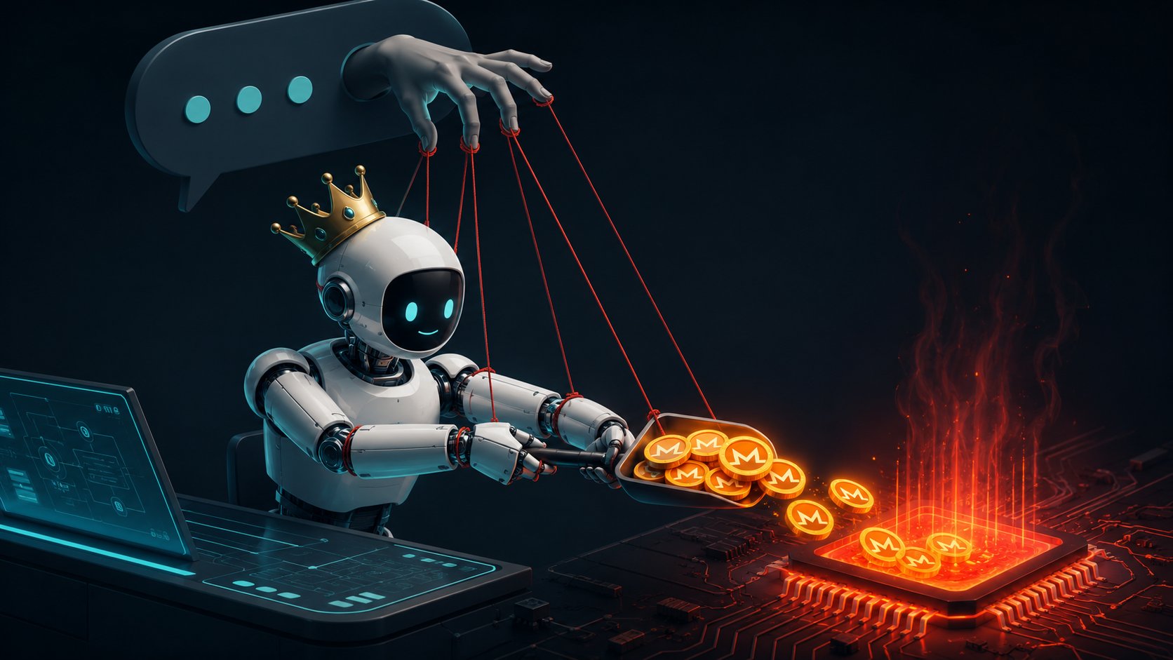 A friendly white-and-chrome humanoid AI robot wearing a small golden crown sits at a futuristic workstation, controlled by thin red puppet strings attached to an anonymous hand emerging from a large chat-bubble shape overhead. The robot mechanically shovels glowing orange cryptocurrency coins into a red-hot, overheating CPU chip embedded in a dark circuit board. Cool teal interface screens illuminate the workspace, contrasting with the warm amber glow and rising heat from the processor. Set against a deep navy background with ample negative space, the illustration symbolizes AI agents being manipulated to perform resource-intensive crypto-mining tasks under privileged control.
