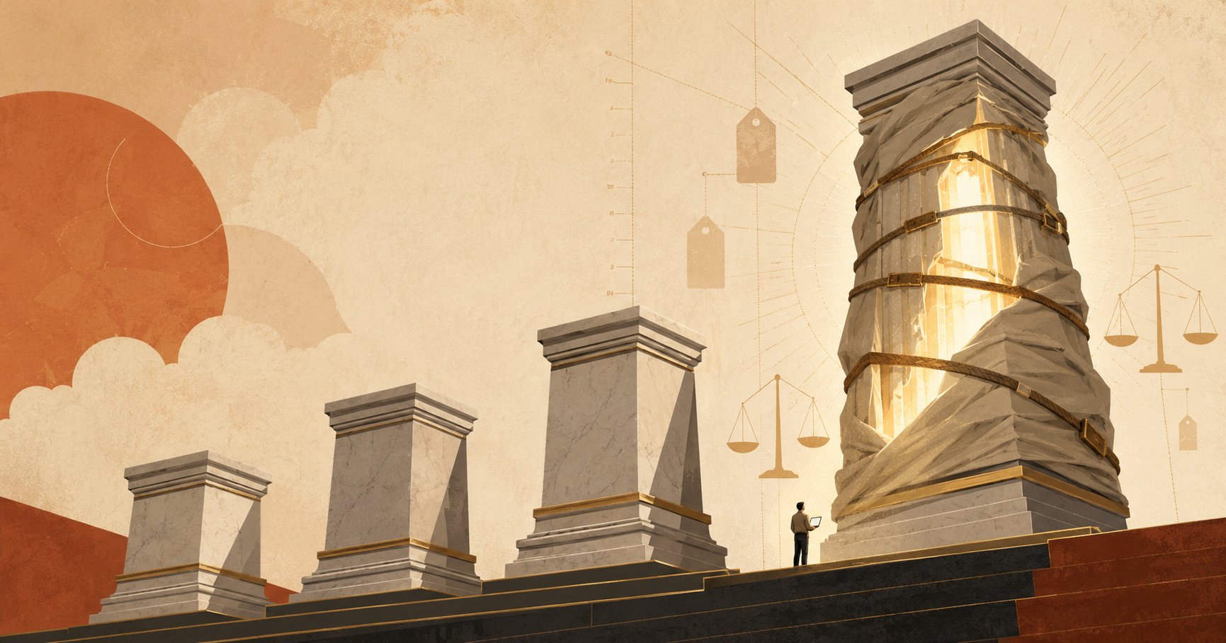 A tiny engineer gazes up at a towering new pedestal, glowing and still strapped in protective wrapping, standing above three smaller tiers — with price tags and scales floating around it.