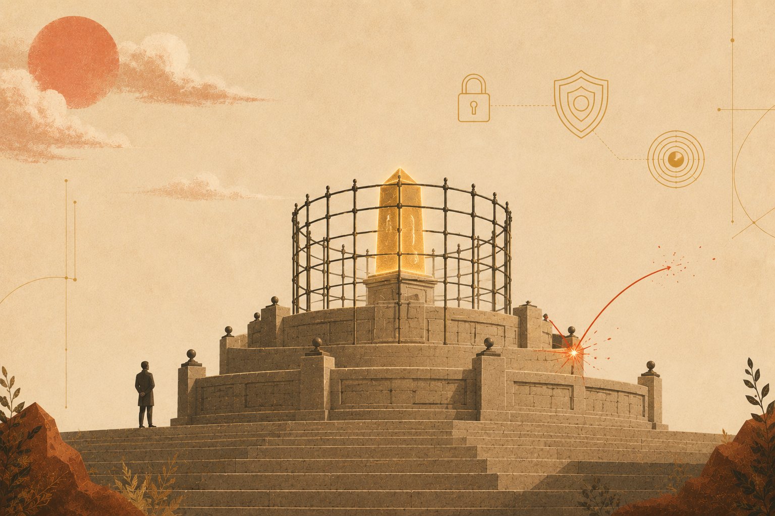 A tiny engineer stands calmly on the stone temple platform beside a pedestal whose amber glow is now safely contained behind several concentric layers — stone walls and a fine warm-iron lattice cage — while a small deep-red spark of an injected instruction bounces harmlessly off the outermost ring.