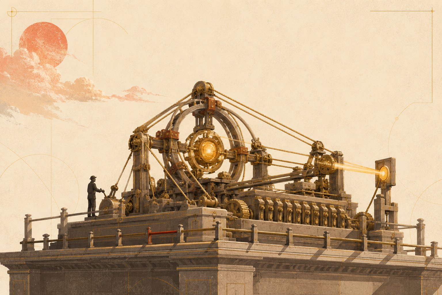 A tiny engineer in silhouette works a control lever on a large warm-stone-and-gold-rope rig that cradles a small glowing amber model-core, channeling its light into a single clean beam that powers a small panel; a low guardrail fence runs along the platform with one short rail marked in deep red, under a hazy warm sky with a coral sun.
