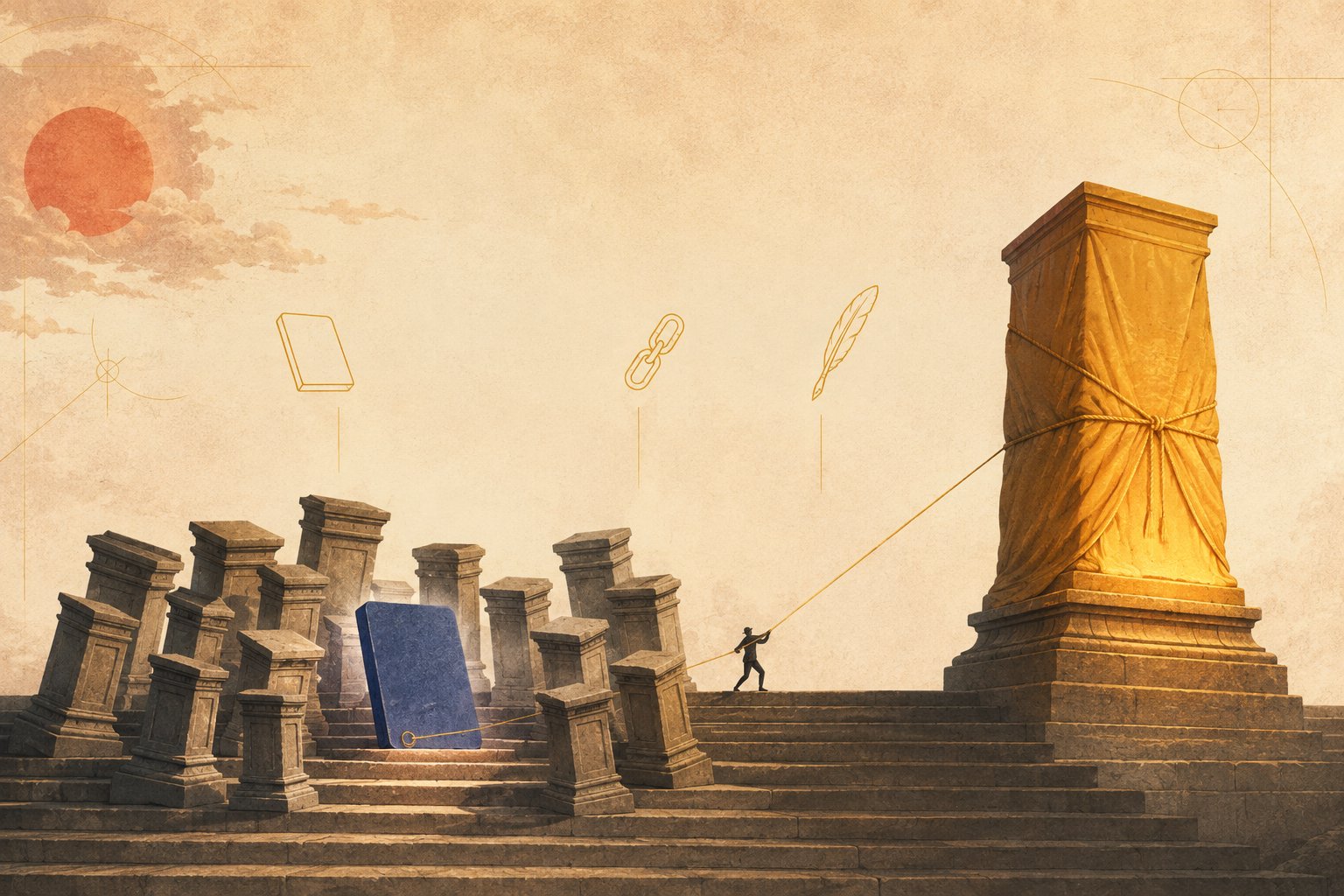 A plain modest stone tablet rests at the foot of the temple steps with a dozen small classical pedestals leaning inward to read it, while the largest and warmest amber-glowing pedestal stands turned squarely away, and a tiny engineer draws a single thin gold thread taut from the edge of the tablet up to the back of the turned giant, beneath a floating tablet, chain link and quill.