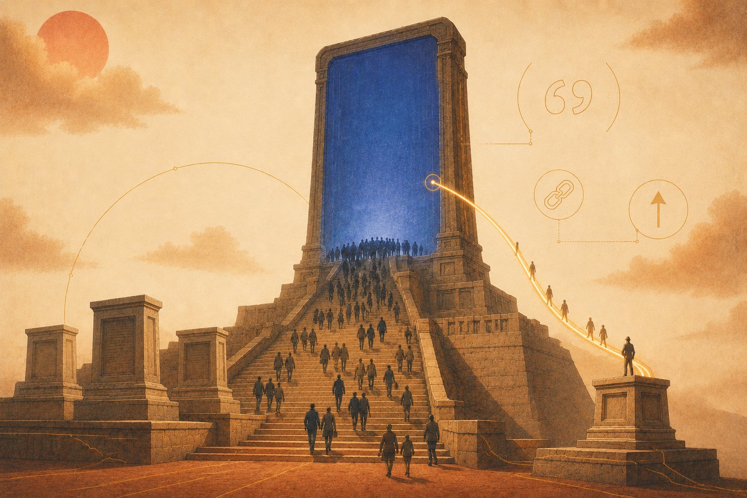A tiny engineer stands on stone steps beside a small humble pedestal, looking up at a colossal glowing answer-tablet monolith that intercepts a wide stream of tiny travelers; most turn back at its face, while a single thin gold citation thread runs from the monolith down to the engineer's pedestal. A quotation bracket, a link chevron, and an upward arrow float in the hazy sky.