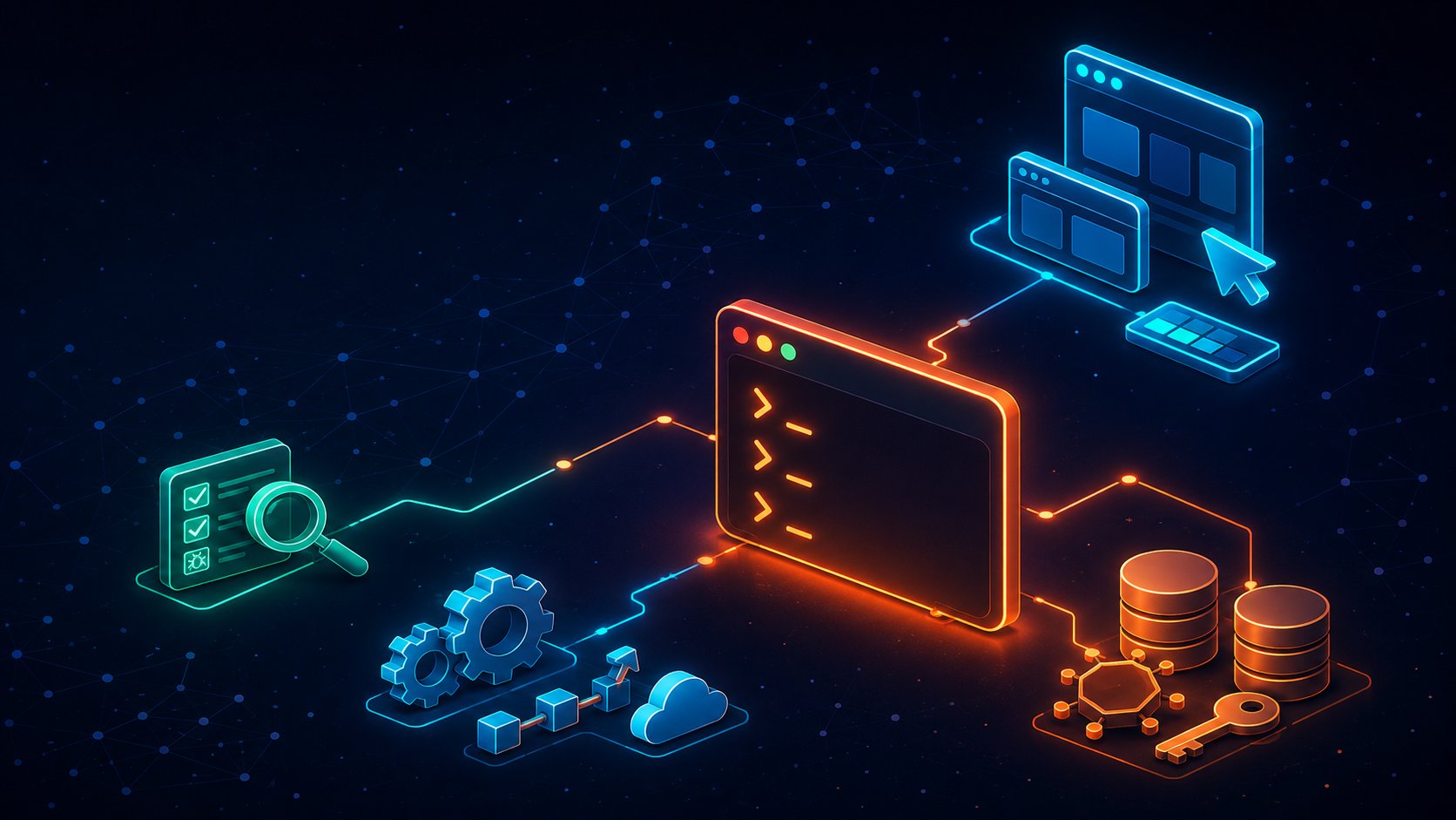 Glowing terminal linked to frontend, backend, DevOps, and testing icon clusters — the Claude Code stack illustrated