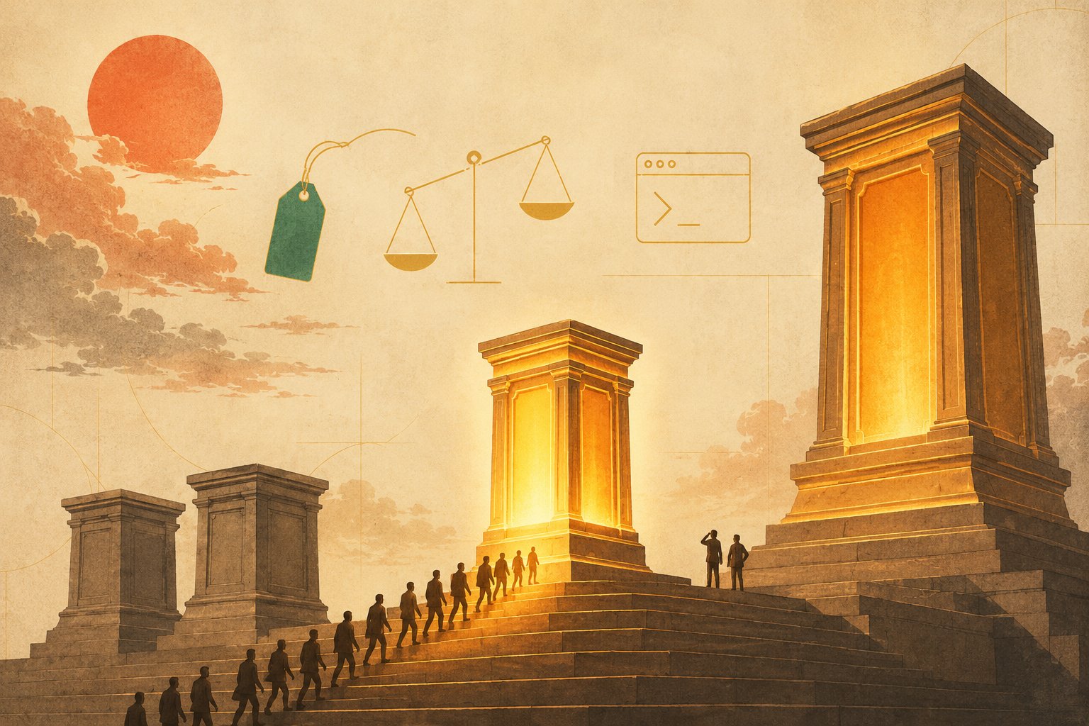 A stream of tiny engineers in silhouette climbs classical stone steps toward a mid-sized pedestal newly glowing warm gold from within — nearly as bright as the colossal flagship pedestal beside it — while a hanging price tag, a tipping balance scale, and a terminal-window glyph float in the hazy sky.