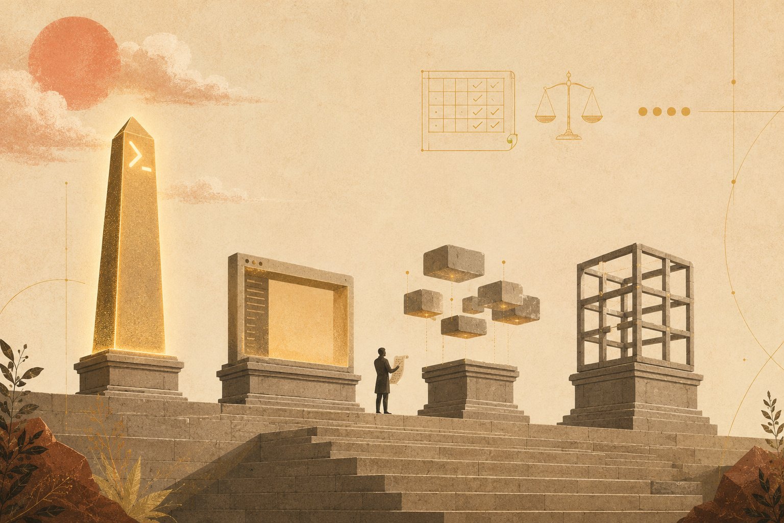 A tiny engineer stands on the stone temple platform holding a ruled scorecard scroll, among FOUR pedestals of deliberately different shapes —              a tall terminal-obelisk glowing brightest amber, a wide editor-slab, a cluster of small floating cloud-boxes, and an open lattice frame — under the familiar coral sun.