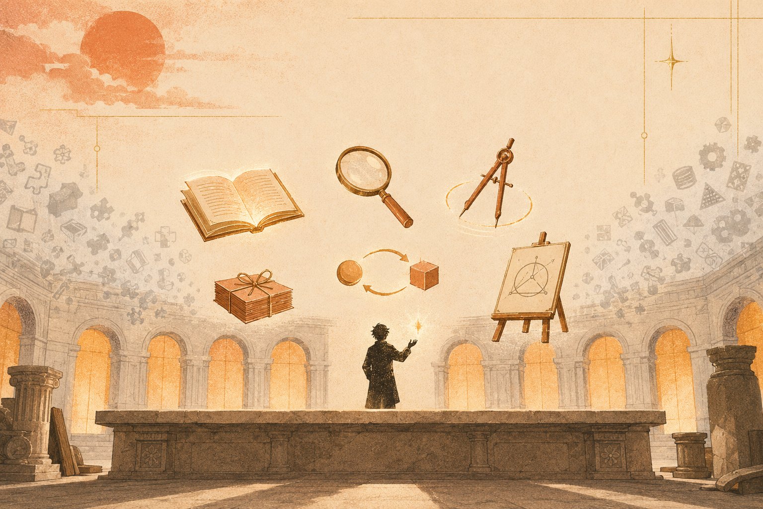 A tiny engineer stands at a wide stone workbench inside a warm classical atelier, a curated set of glowing symbolic instruments floating in careful arrangement around them — an open book, a magnifying glass, a compass, a bundle tied with ribbon, and a small golden spark — while most of the bench stays deliberately empty; arched windows glow warm amber behind them.