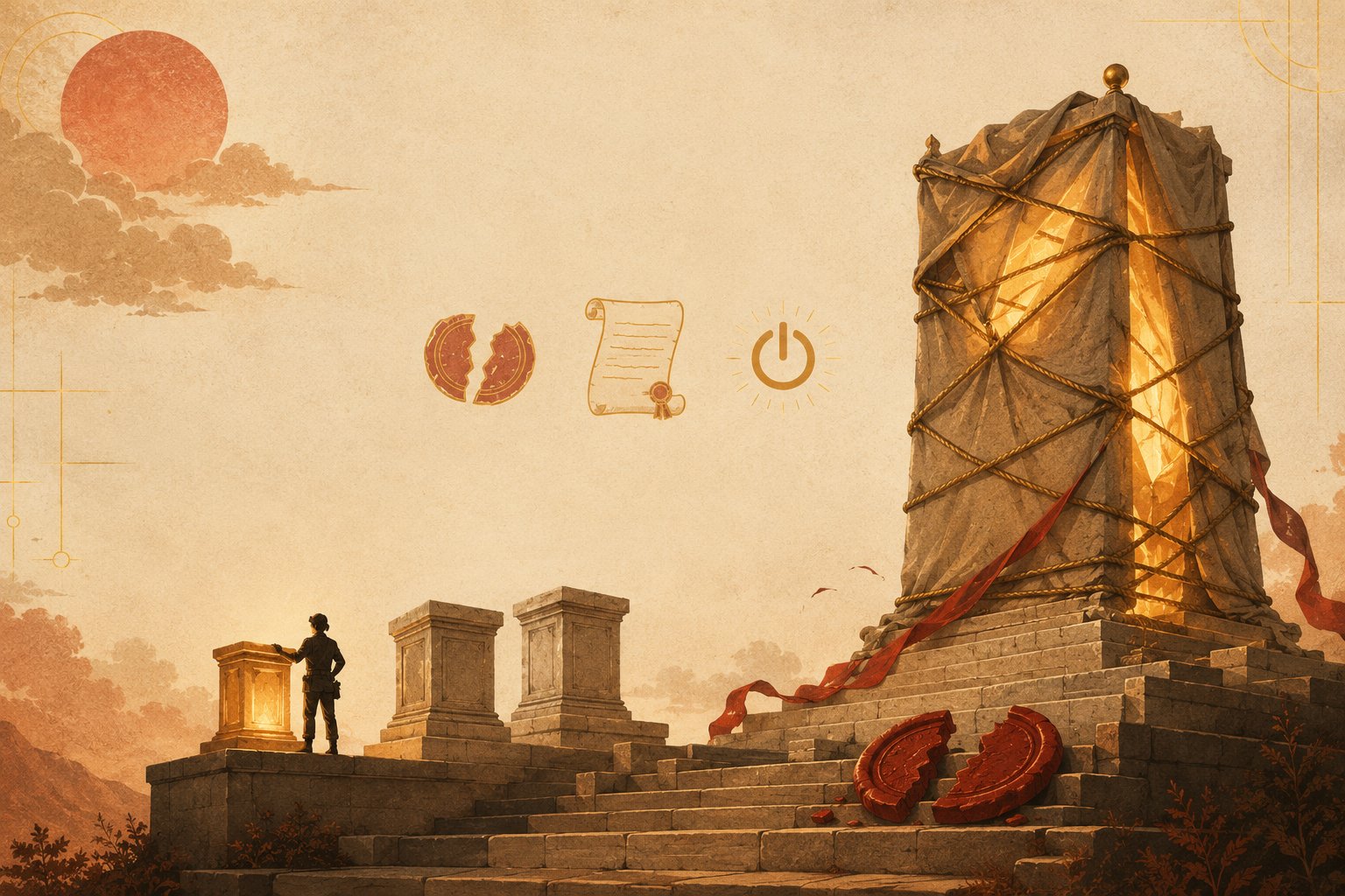The towering sealed pedestal from before reignites with warm amber light as its red barrier ribbon falls away and the wax seal lies cracked in two on the steps — but the tiny engineer now stands at a smaller, brightly lit plinth nearby, glancing back up at the giant.