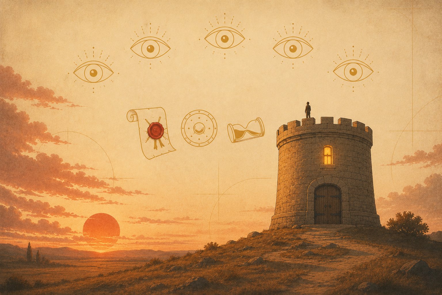 A tiny engineer stands on the rampart of a small round stone keep with a single warmly glowing window at dusk, its gate firmly shut, beneath five thin line-art eyes arced across the clouded sky, while a red wax-sealed scroll, a small shield, and a tipped hourglass float nearby.