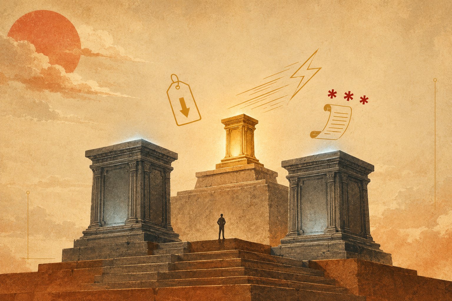 A tiny engineer stands on a classical stone podium looking up at a small, brightly amber-glowing pedestal raised above two much larger but dimmed stone pedestals; thin gold speed-streaks and a lightning glyph flank the bright one, while a price tag with a downward arrow and a few deep-red asterisk marks beside a small fine-print scroll float in the hazy sky.