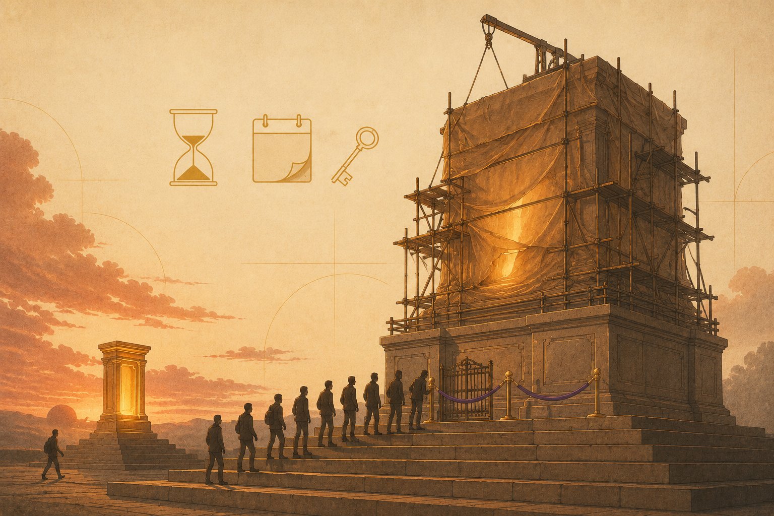 A queue of tiny engineers waits behind a violet velvet rope at the base of a colossal pedestal still wrapped in canvas and wooden scaffolding, its warm glow leaking faintly through the seams, while an hourglass, a curling calendar page, and a key float in the hazy late-afternoon sky.