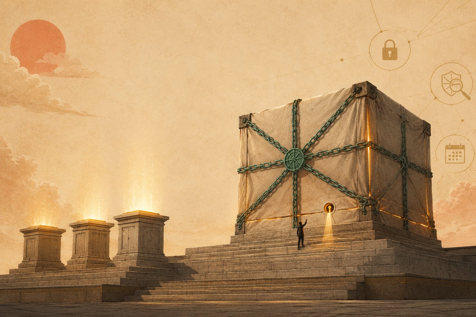 A tiny engineer reaches up toward the sealed lid of a colossal canvas-wrapped stone crate resting on the temple steps, bound tight with jade-green chains while amber light strains out of every seam and a single thin controlled beam escapes one small side aperture, beside three short open plinths glowing freely, as a padlock, a shielded magnifying glass and a calendar marker float in the hazy sky.