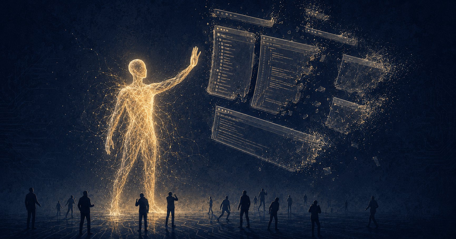 Glowing AI agent rising above a dissolving code editor as developers look on — illustration for Google Antigravity 2.0 replacing the IDE