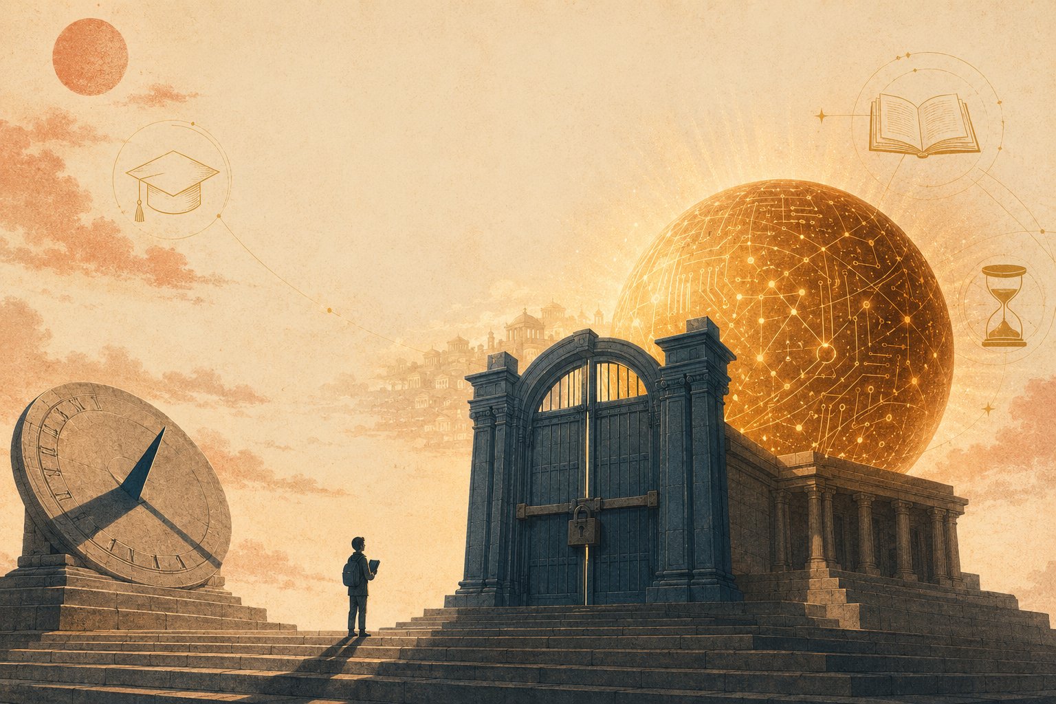 A tiny student in silhouette stands on warm stone steps holding a slate, looking up at a colossal glowing amber orb of knowledge wrapped in thin gold line-art — but a tall, closed classical gate in cool slate-blue bars the way, so the warm light spills over the top to the world beyond while the student stays locked out below; a large stone sundial on the left throws a long shadow with its marker lagging far behind, under a hazy warm sky with a coral sun and textured clouds.