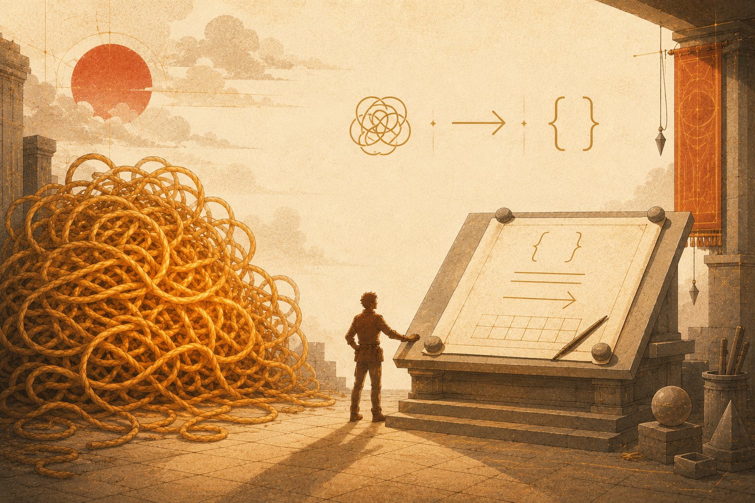 A tiny engineer stands in a classical stone scriptorium between a towering tangled mound of glowing golden rope and a clean open parchment blueprint scroll on a stone lectern — one hand resting on the structured scroll, having turned away from the chaos, while a knotted loop, curly braces, and an arrow float as gold line-art in the warm hazy sky above.