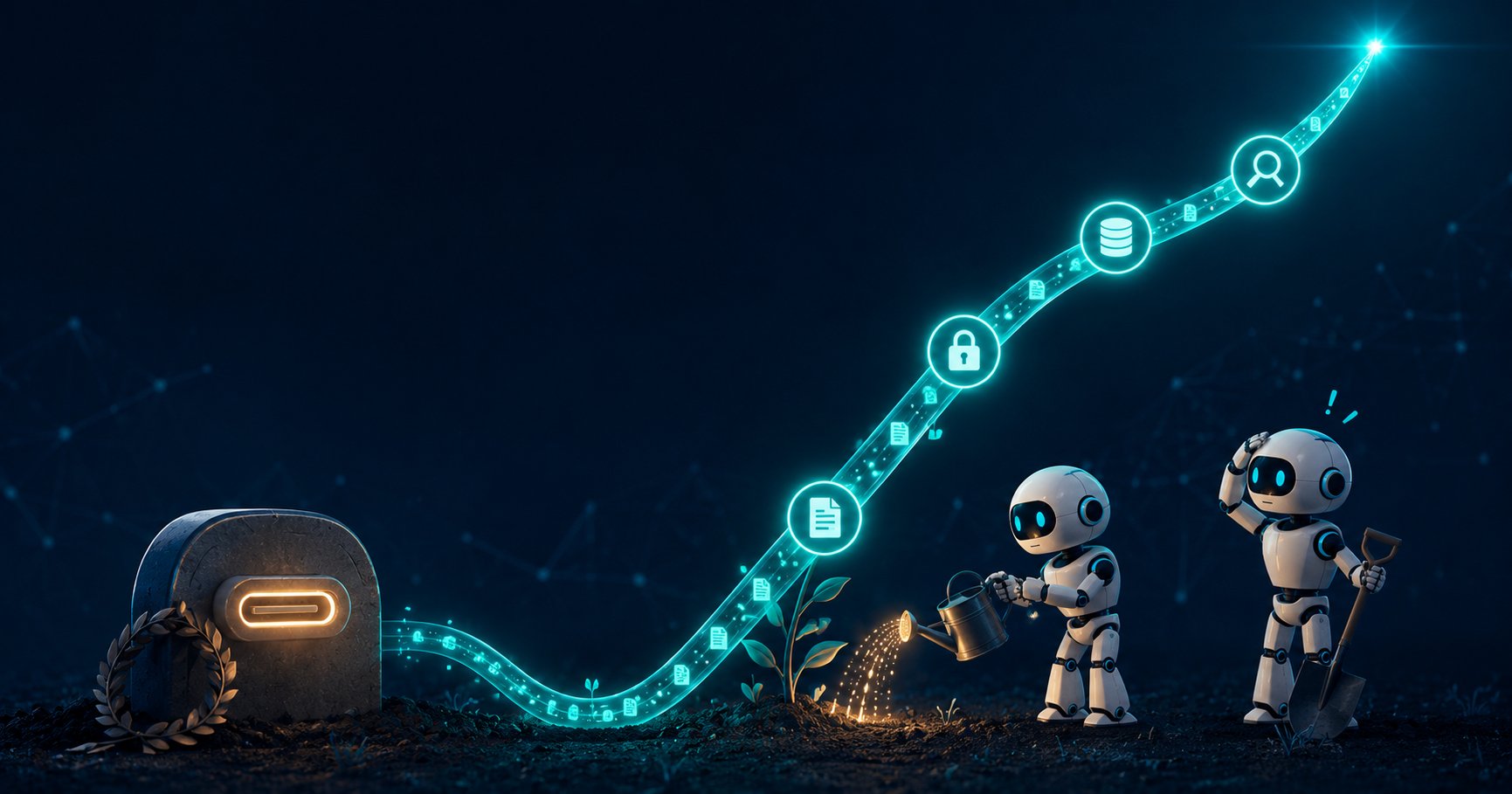 A tiny robot engineer waters a glowing teal line graph growing like a vine out of a connector-shaped tombstone — the line dips, then rises sharply while data packets flow through it like a pipe, as a second surprised robot arrives with a shovel. Illustration for MCP's 2026 resurgence as a context pipe.