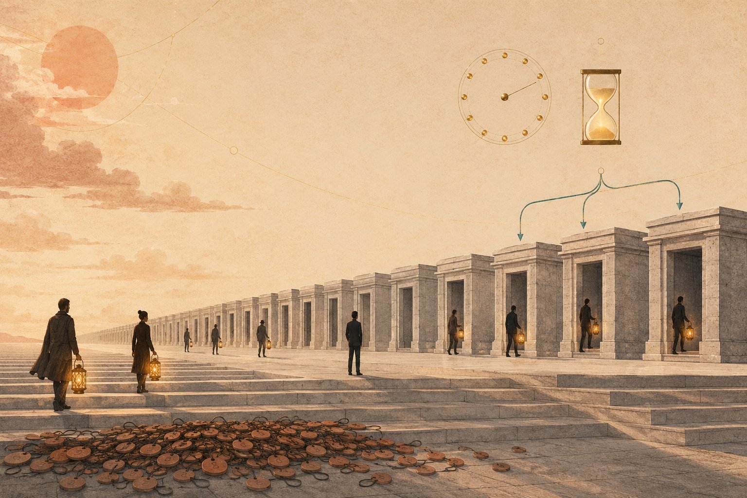 A tiny engineer stands at ease before a long colonnade of identical stone booths as small travellers walk freely toward any of them, each carrying their own glowing amber lantern, while discarded numbered clay session tags lie swept aside on the steps and a twelve-notch dial, an hourglass and a verdigris routing arrow float in the hazy sky.