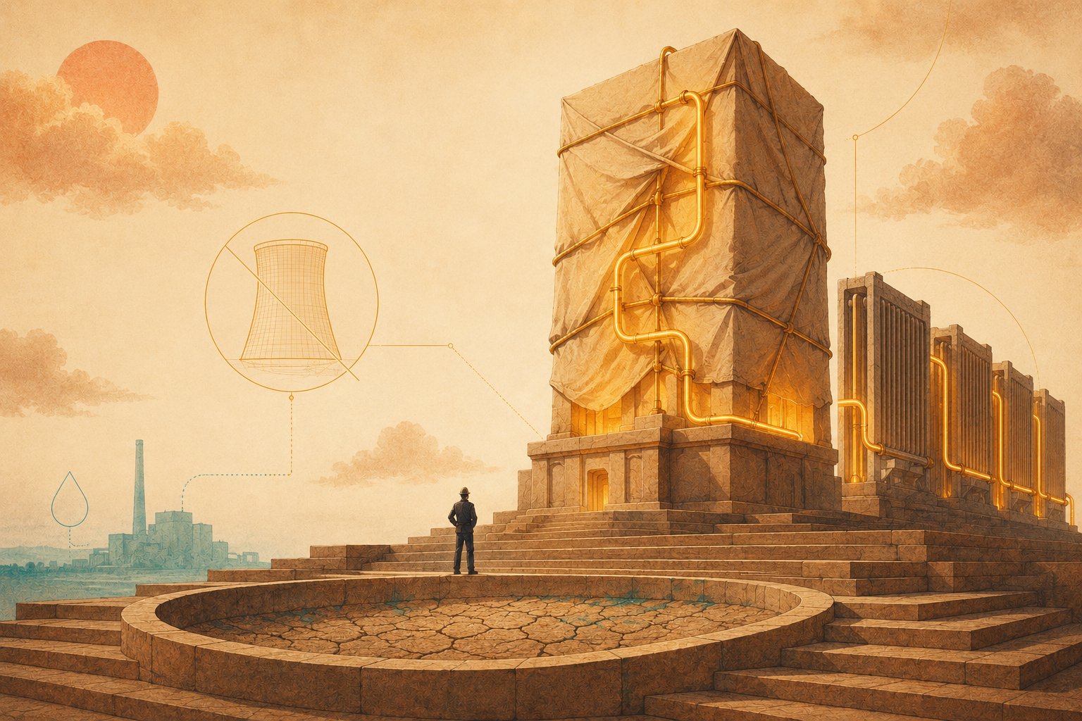 A tiny engineer stands on warm stone steps gazing up at a colossal liquid-cooled monument threaded by a glowing amber closed loop and flanked by dry radiator fins; a wide stone basin at its base lies cracked and bone-dry, while a crossed-out cooling tower and faint upstream power-plant and water-drop motifs float in the hazy sky.