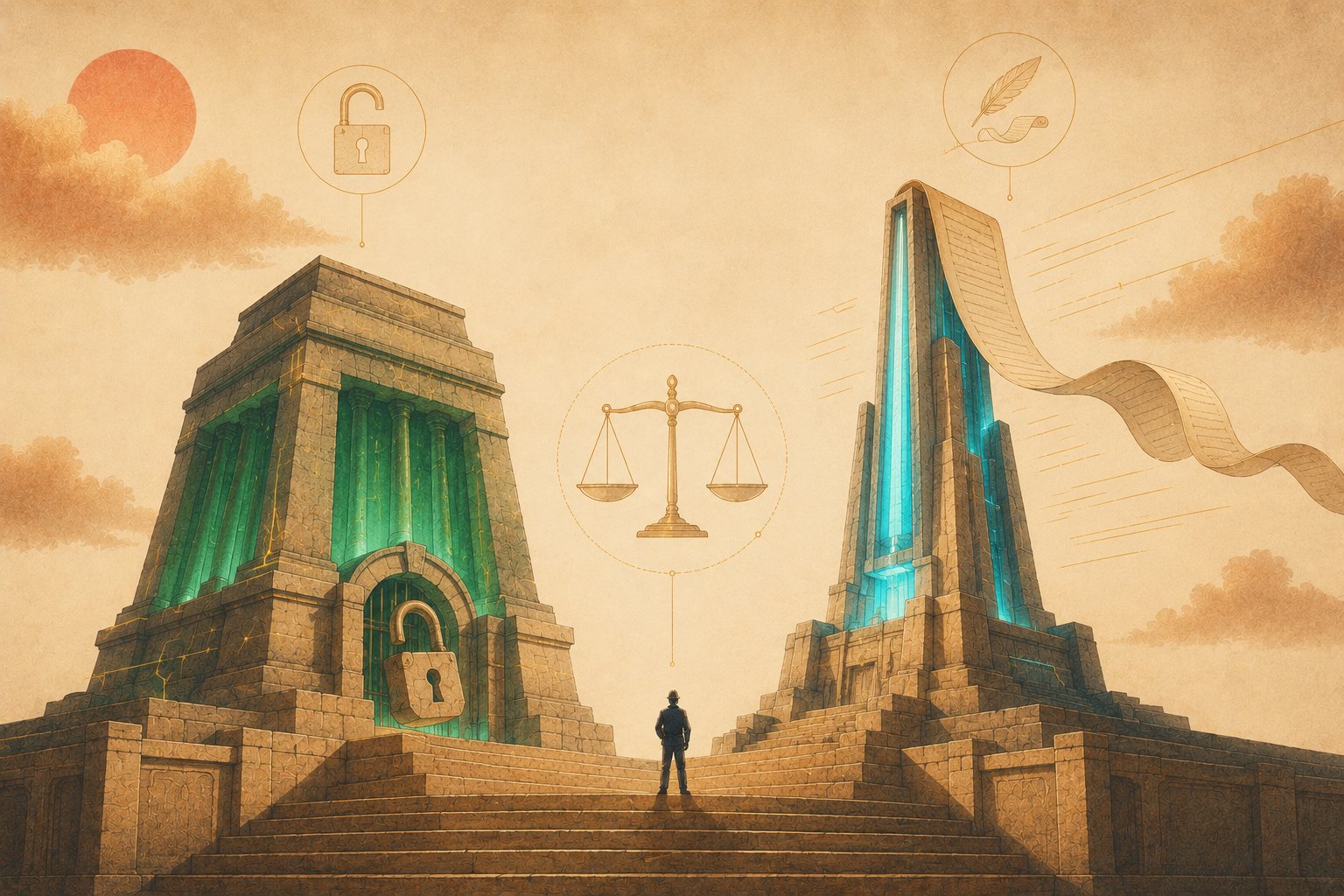 A tiny engineer stands on stone steps between two facing pedestals — the left a solid open monument crowned by an open padlock (sovereign, MIT-licensed), the right a lean, tall monument trailing a long unfurled ribbon and light speed-lines (efficient, long-context) — with a balanced gold scale and a few thin line-art motifs floating in the hazy sky between them.