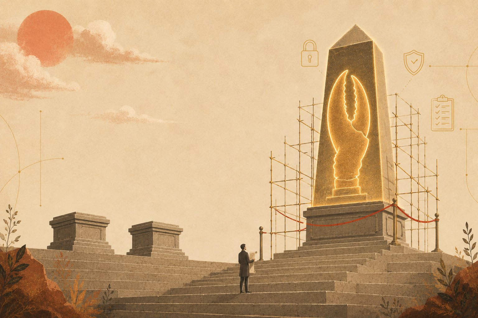 A tiny engineer pauses at the foot of the stone temple steps, holding a small checklist scroll, facing a colossal newly-arrived pedestal that glows warm amber with a lobster-claw silhouette inside — held back behind a half-built protective cage of thin gold lattice and one band of claw-red caution cordon, not yet allowed onto the platform.