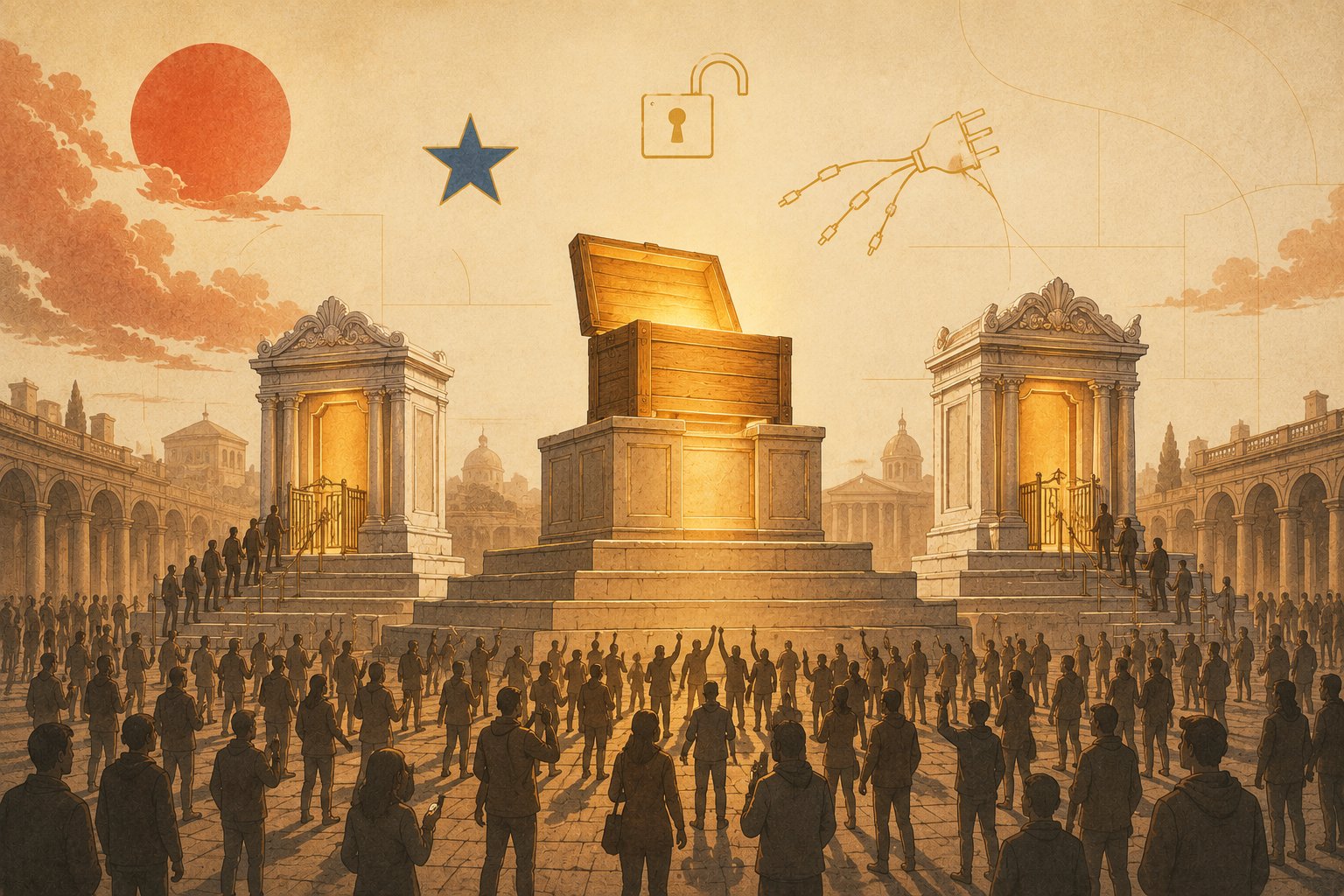 A crowd of tiny engineers fills a classical stone plaza around a victory podium where a humble open wooden tool-chest glows warm gold on the top tier, flanked by two elegant closed marble shrines behind small turnstiles, while a slate-blue star, an open padlock, and a many-pronged plug float in the hazy sky.