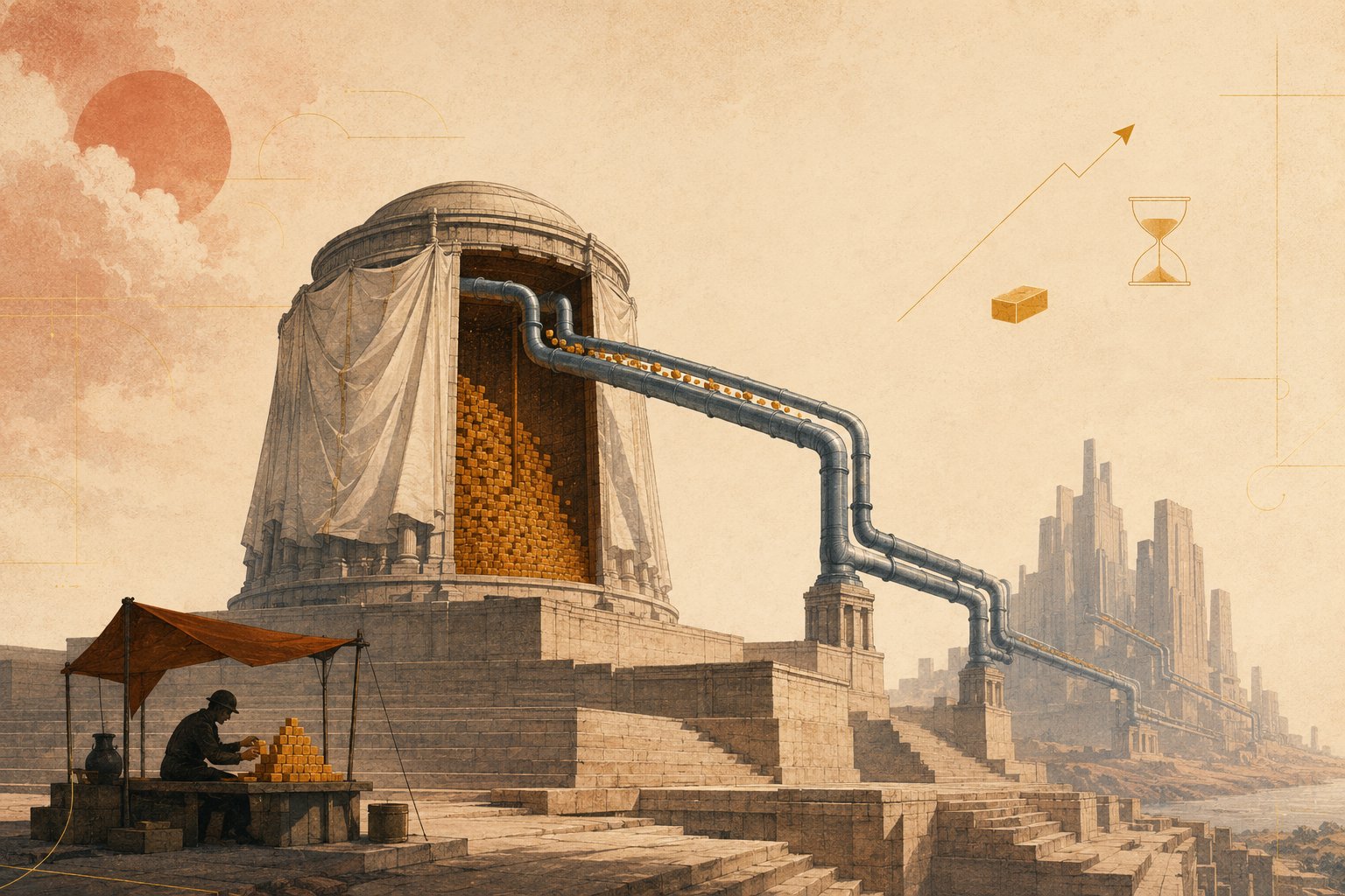 A colossal classical stone granary on the temple platform is drained by enormous grey-blue pipes arcing across the sky toward vast faceless towers on the horizon, siphoning away a stream of small warm amber blocks, while in the foreground a tiny engineer crouches at a modest stall calmly restacking his last handful of blocks into a tighter arrangement, beneath a floating rising arrow, hourglass and single brick.