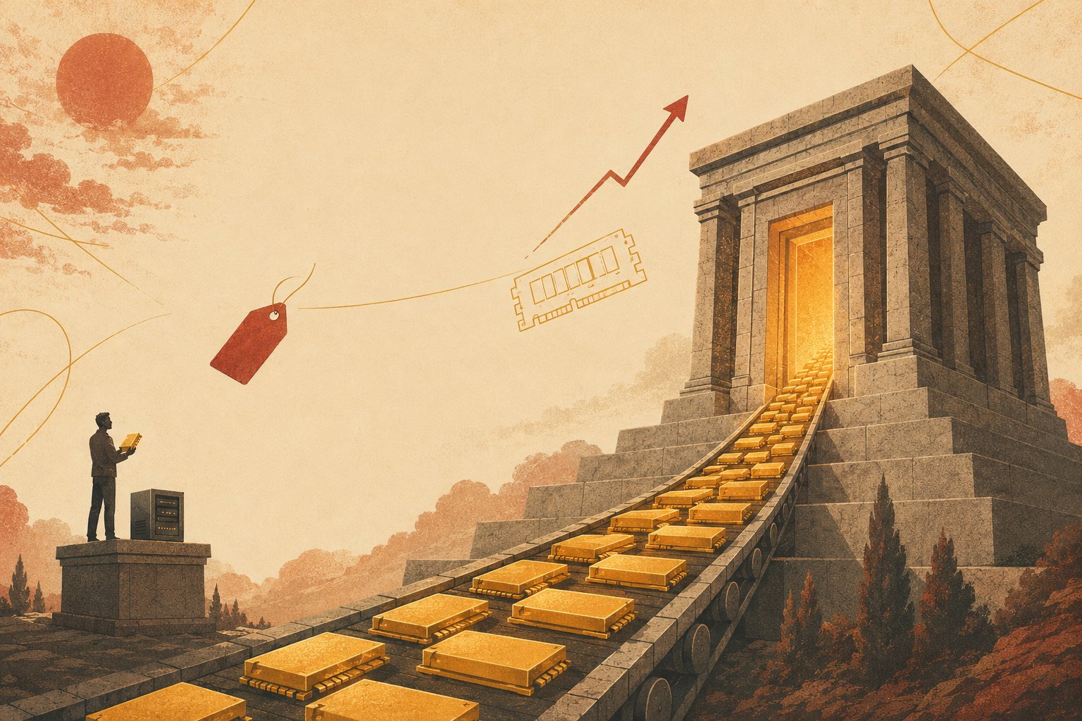 A colossal temple-like data-center monolith inhales a conveyor river of glowing golden memory bricks while a tiny engineer beside a single small home server clutches the one brick he managed to keep, under floating price-tag and rising-arrow symbols.