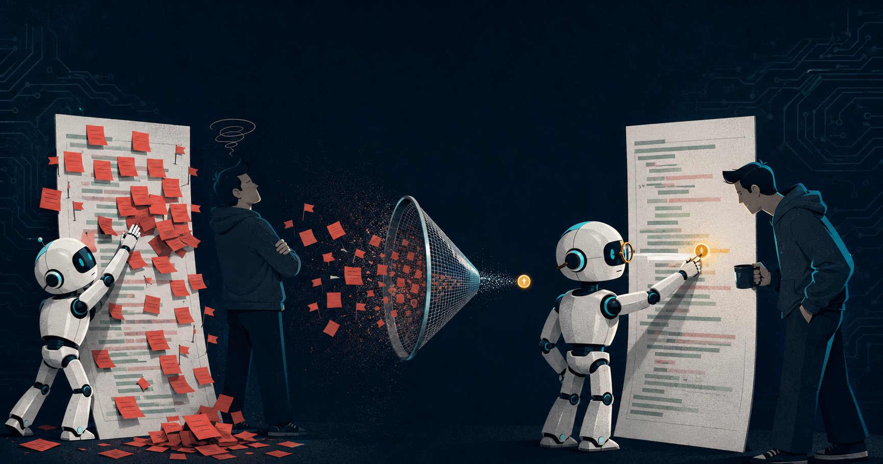 A small robot strains to push a heavy trust-meter needle from a cold low zone up toward a narrow glowing target, watched by a row of skeptical developers, one of whom is starting to lean in.