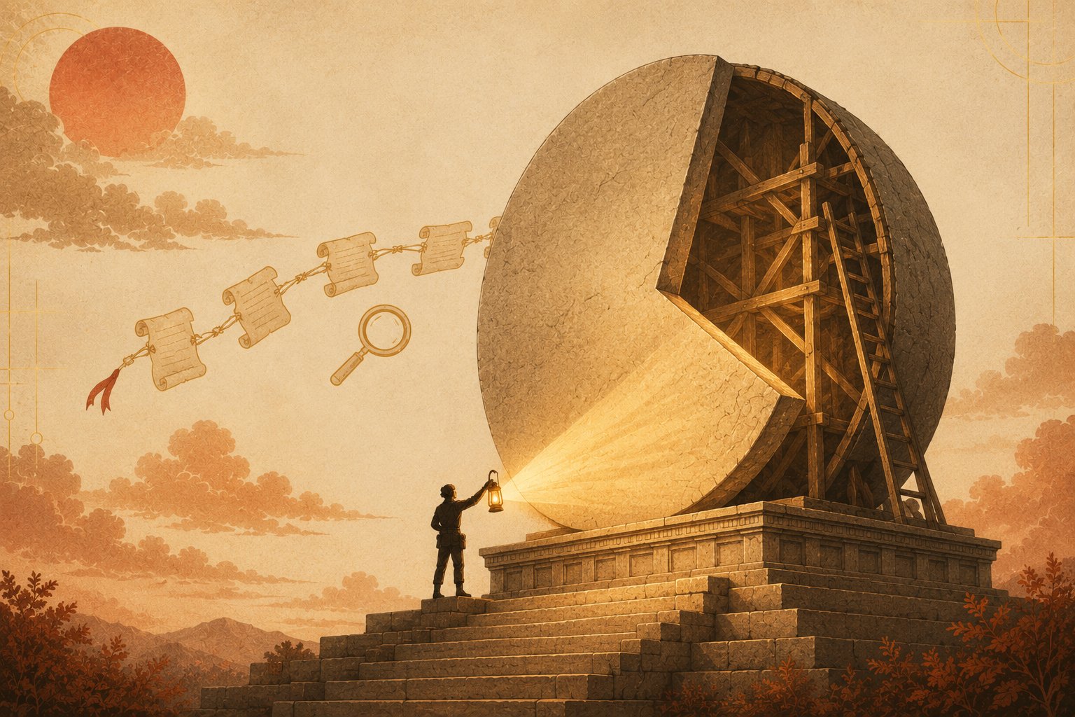 A tiny engineer raises a lantern to a monumental stone pie-chart sculpture with a huge missing wedge, revealing from behind that it is a hollow prop held up by wooden scaffolding, while a chain of linked paper scrolls floats off into the sky.