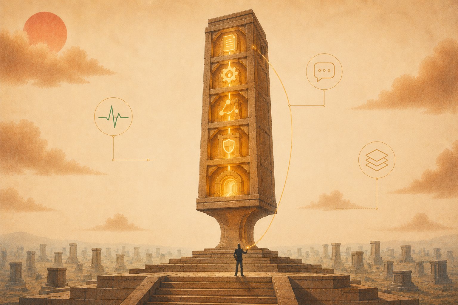 A tiny engineer stands confidently at the base of a single colossal stone tower whose many stacked niches each glow with a different small service; one thin gold thread runs from the tower down into the engineer's hand like a remote, while a sprawl of faint, scattered, cold pedestals recedes into the hazy background and an uptime-pulse and small chat-bubble motif float in the sky.