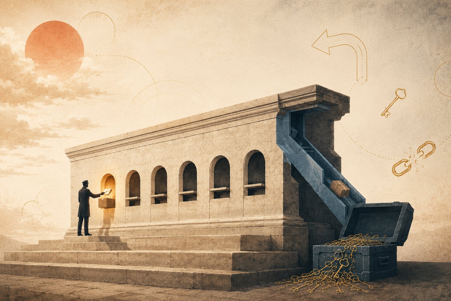 A tiny engineer presses a seal onto a document at one of six identical arched letterboxes in a warm stone wall, while behind the wall a hidden cold slate-blue chute diverts his parcel past the lit amber compartment and drops it into a yawning open strongbox, as a bent redirect arrow, a key and a broken chain link float in the hazy sky.