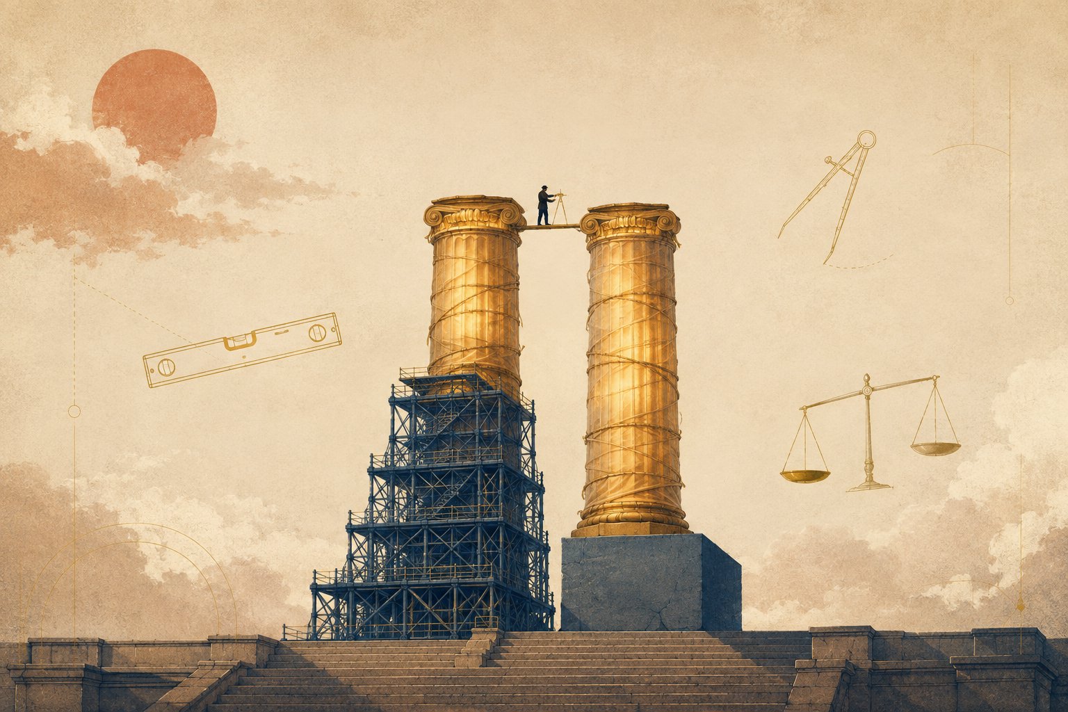 A tiny engineer balances near the crowns of two colossal stone columns that finish at almost exactly the same height, holding gold calipers to the hair-thin gap between them while ignoring that each column rests on a completely different cold slate-blue scaffold — one tall and many-tiered, one squat — as a spirit level, an open caliper and a pair of balance scales float in the hazy sky.