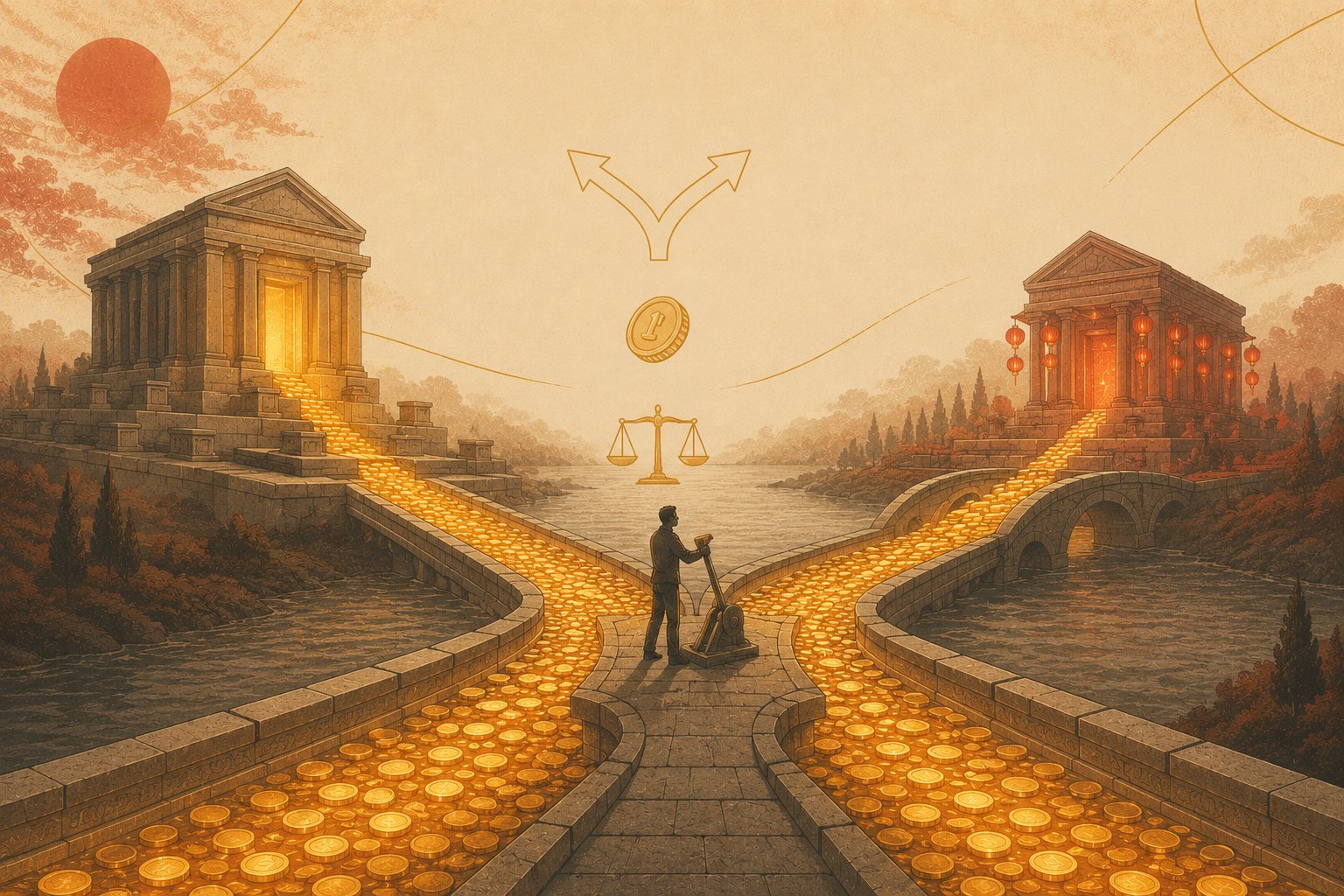 A tiny engineer stands at a stone fork controlling a rail-switch lever as a wide river of glowing golden coins splits in two — one stream flowing to the familiar temple of pedestals, an almost equal stream curving across a bridge toward a newer temple with warm red-amber lanterns on the far bank.