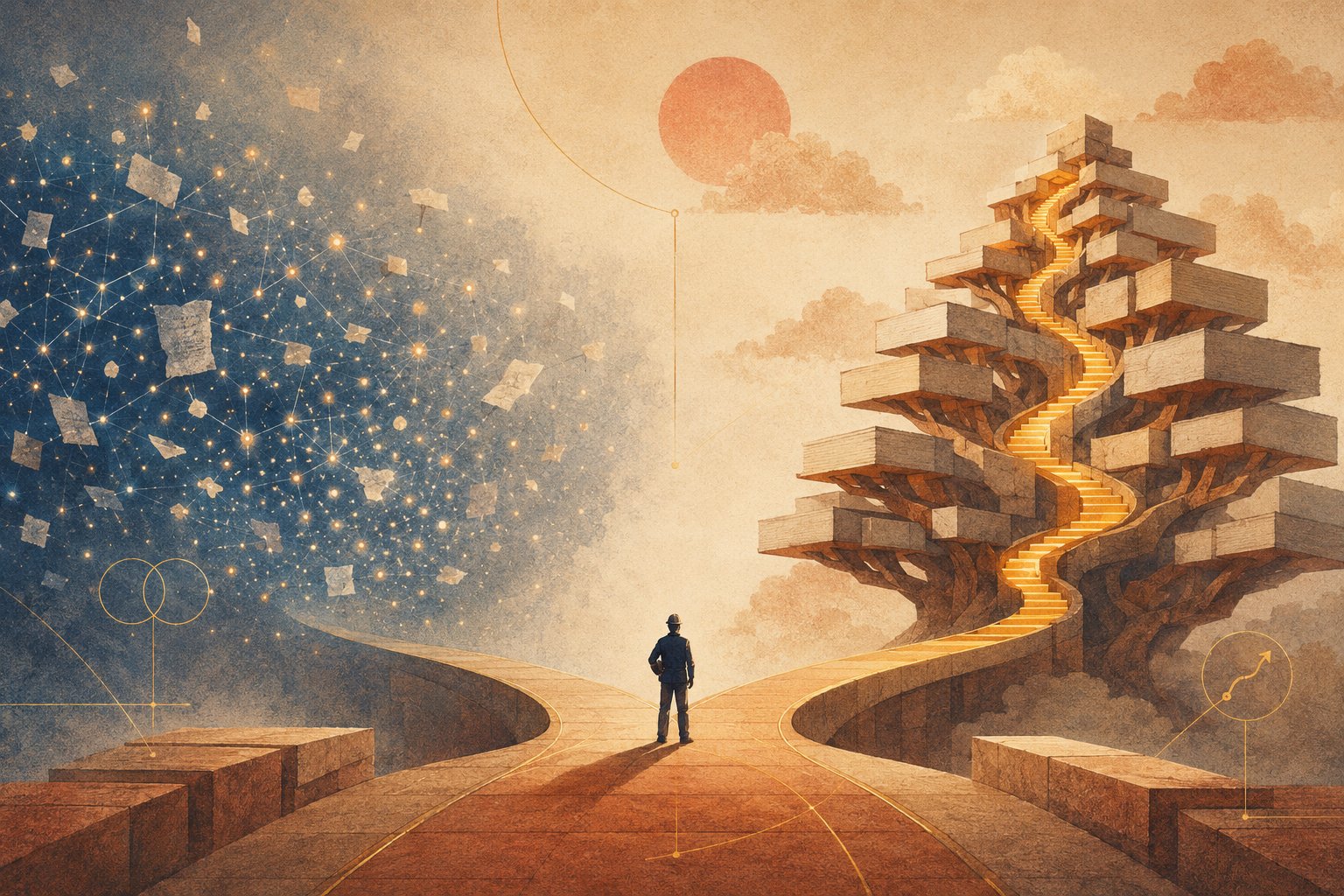 A tiny engineer in silhouette stands on a warm stone platform at a fork, looking up between two ways of finding an answer: on the left, a vast trackless cloud of hundreds of identical glowing dots and scattered paper fragments webbed by faint lines; on the right, a single colossal, orderly branching stone-and-parchment tree with a warm amber path winding up through its tiers.
